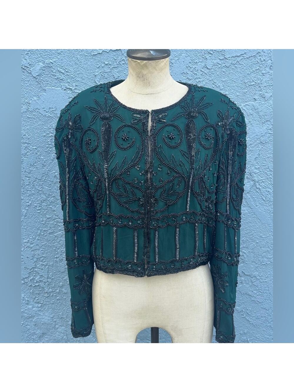 VTG Laurence kazar Beaded Jacket or Top in Emerald Green black cropped silk M